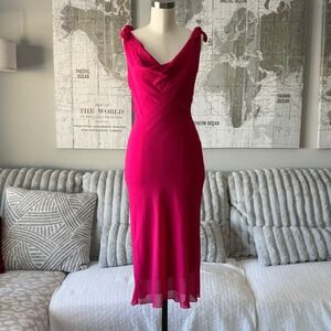 Vintage 90s Up Front Hot Pink Cowl Neck Tie Shoulder Midi Dress Small WA-2734